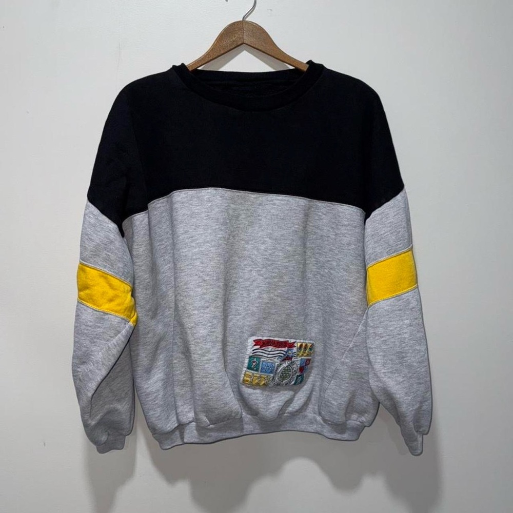 Stylish Crewneck Sweater with Black, Gray, and Yellow Accents